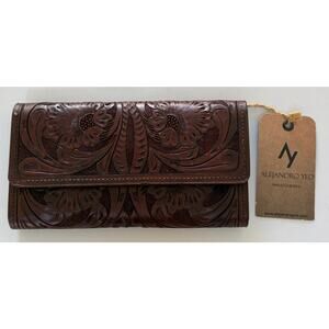 NWT Alejandro Yeo Floral Hand Tooled Leather Clutch Wallet Brown Vintage Artisan